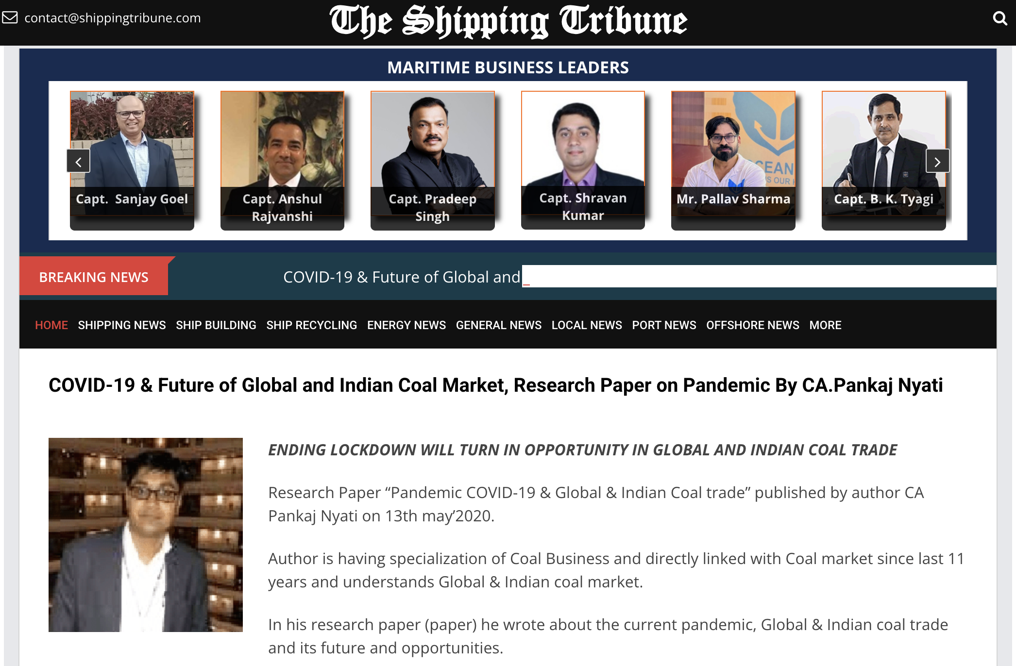 COVID-19 & Future of Global and Indian Coal Market, Research Paper on Pandemic By CA.Pankaj Nyati